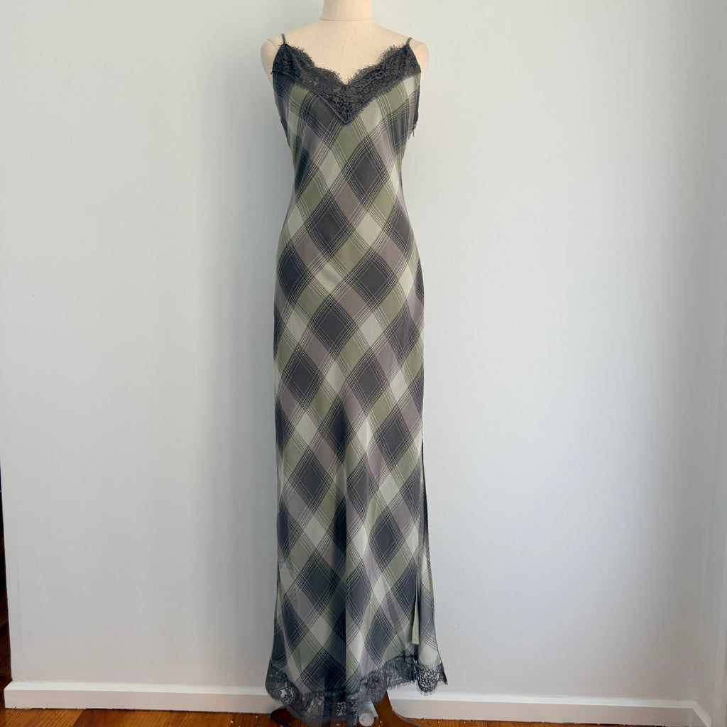 Glassons Khaki Charcoal Check Slip Dress Lace Trim Maxi Size 14 Evening BNWT - Image 1