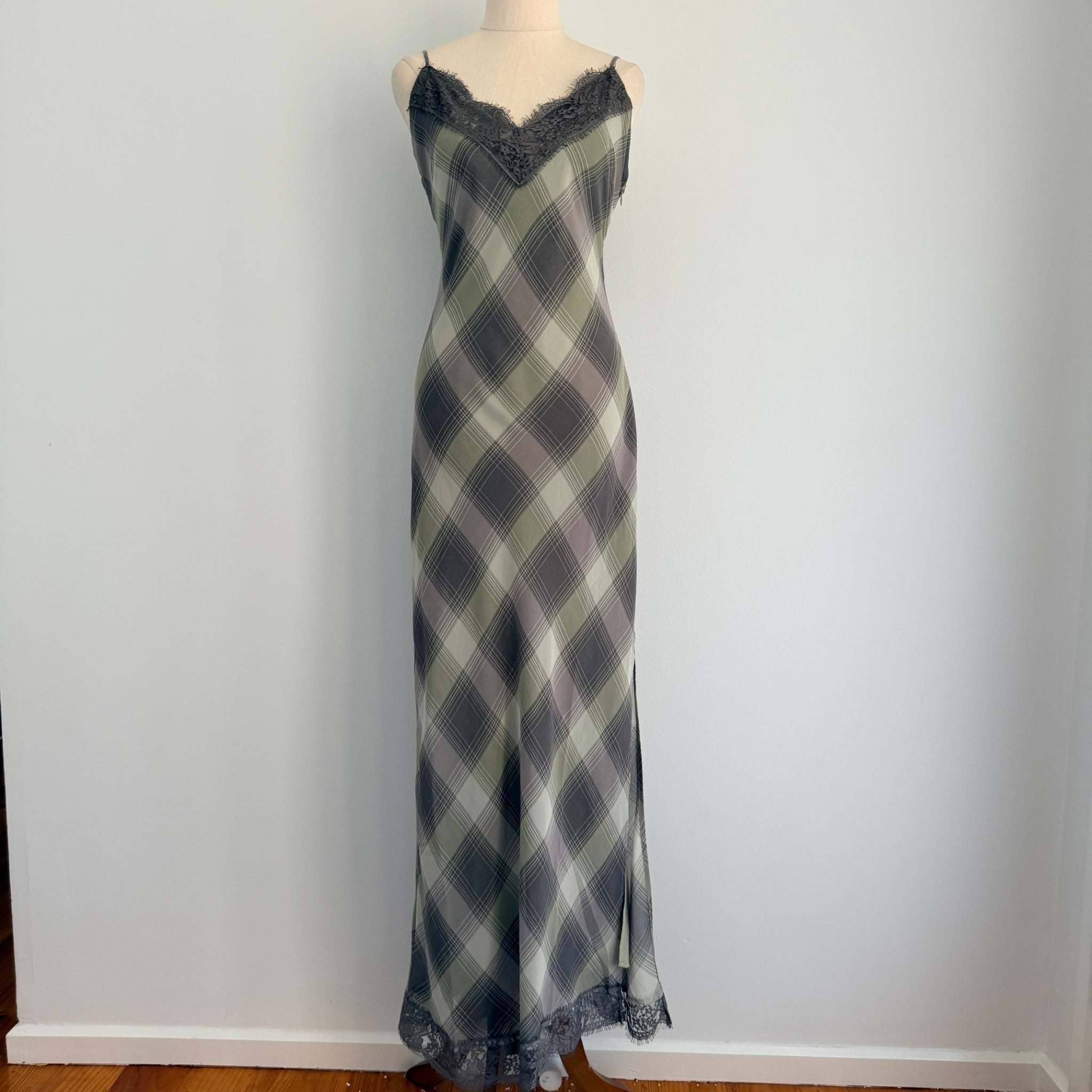 Glassons Khaki Charcoal Check Slip Dress Lace Trim Maxi Size 14 Evening BNWT - Image 1