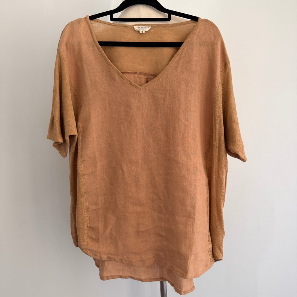 The Shanty Corporation Linen Top Tan V-Neck Relaxed Fit Size S Summer Casual - Image 1