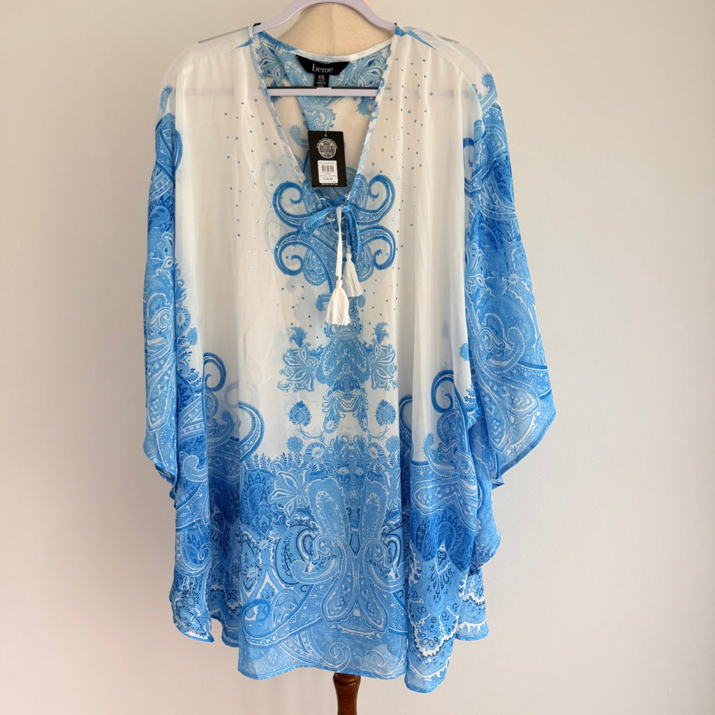 Beme Blue White Paisley Polyester Kaftan Top Size XXL Boho Beach Cover Up BNWT - Image 1