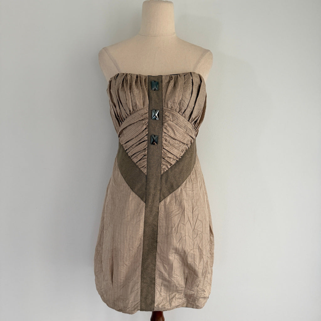 Manning Cartell Beige Polyester Strapless Dress Sz 12 Swarovski Crystal Party - Image 1