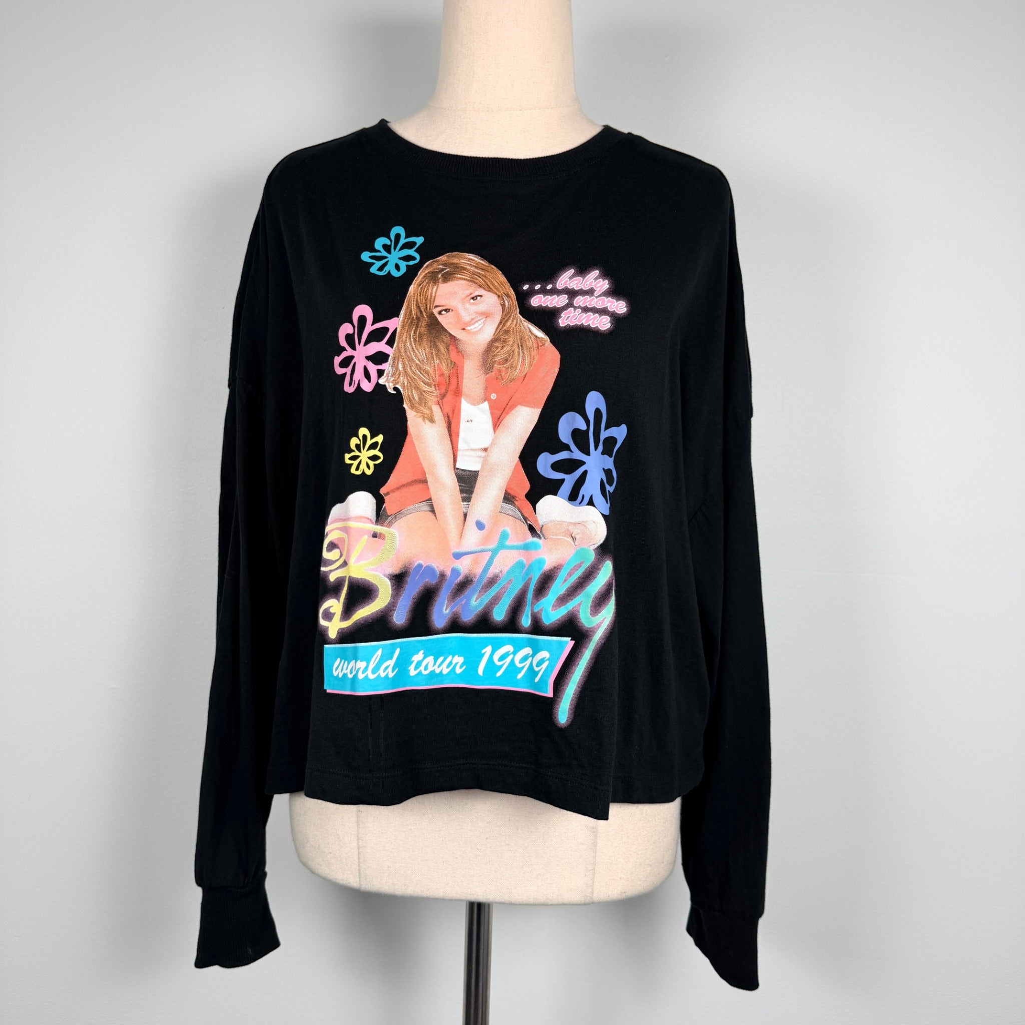 Britney Spears Black Cotton Long Sleeve Crop Top Size 12 Graphic Tour Tee Casual - Image 1