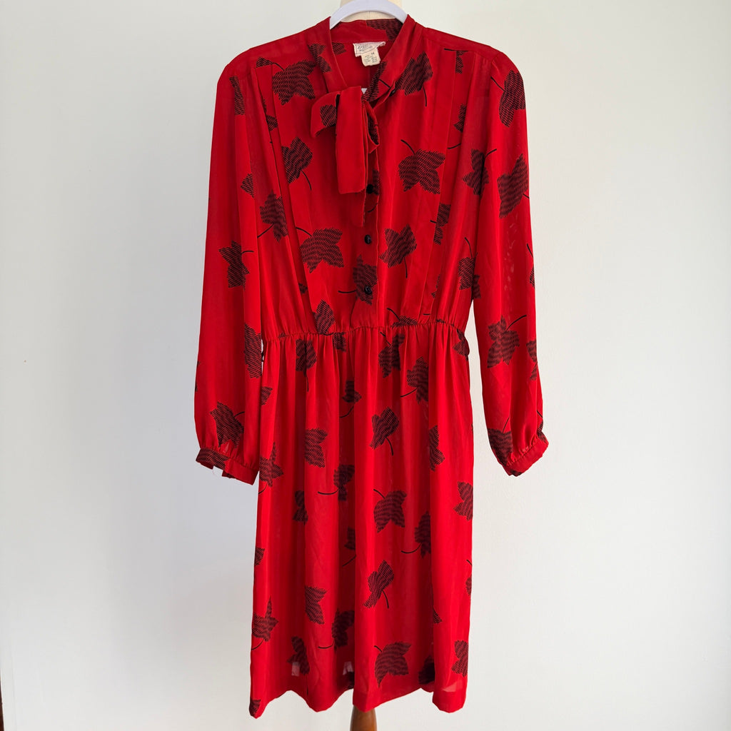 Maxine Vintage Red Black Leaf Print Polyester Pussy Bow Midi Dress Sz 14 Retro - Image 1