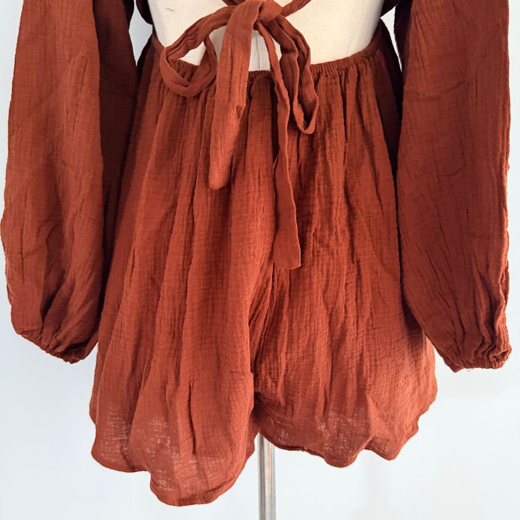 Princess Polly Rust Brown Cotton Gauze Long Sleeve Romper Size 6 Boho BNWT - Image 5