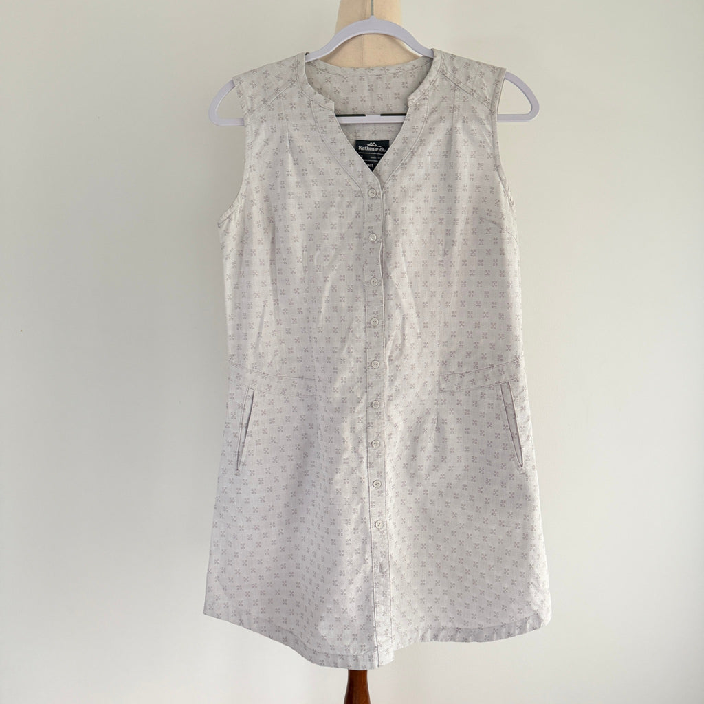 Kathmandu Grey Organic Cotton Sleeveless Button Dress Sz 12 Geometric Casual - Image 1
