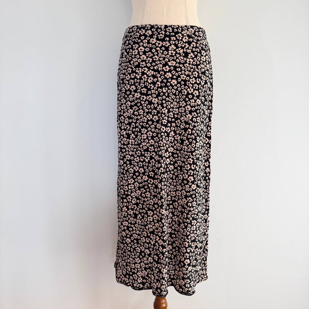 Kookai Black White Ditsy Floral Midi Skirt Size 38 Bias Cut Casual Day - Image 1