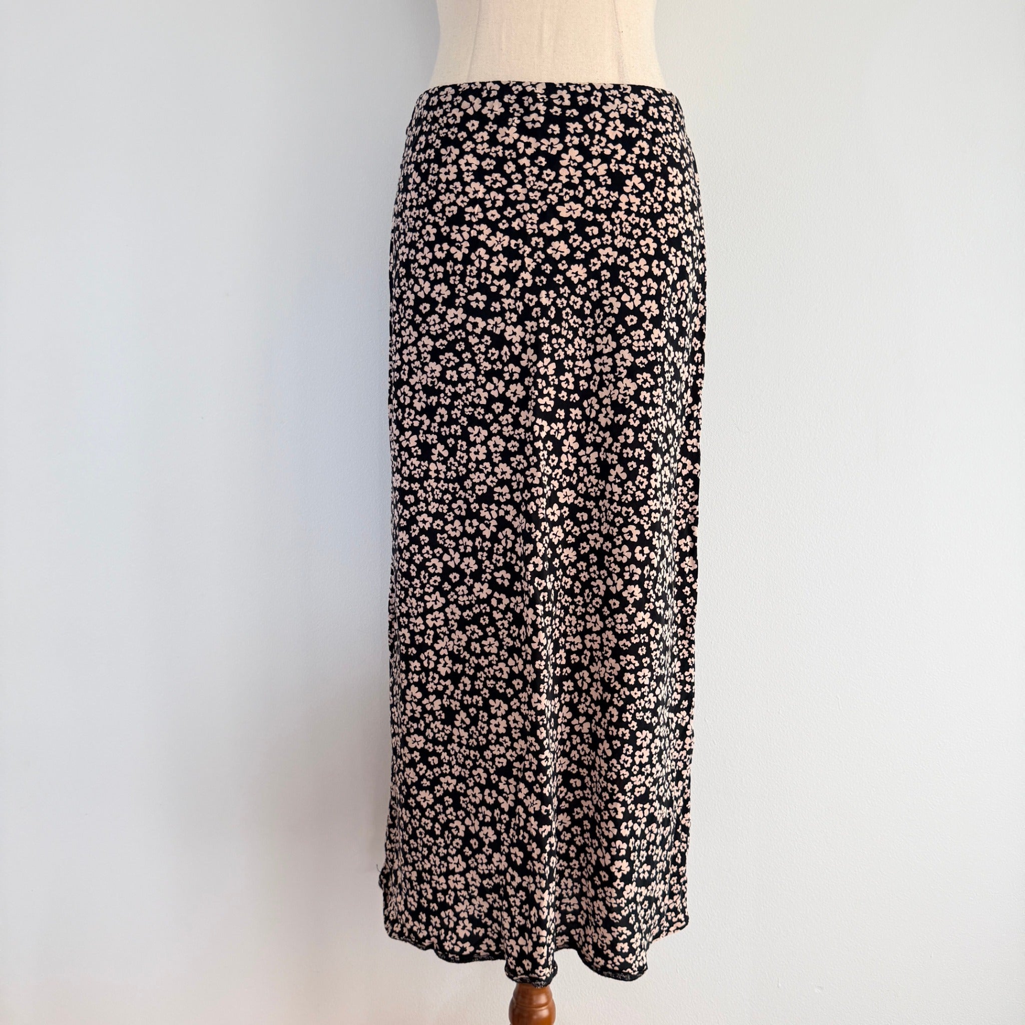 Kookai Black White Ditsy Floral Midi Skirt Size 38 Bias Cut Casual Day - Image 1