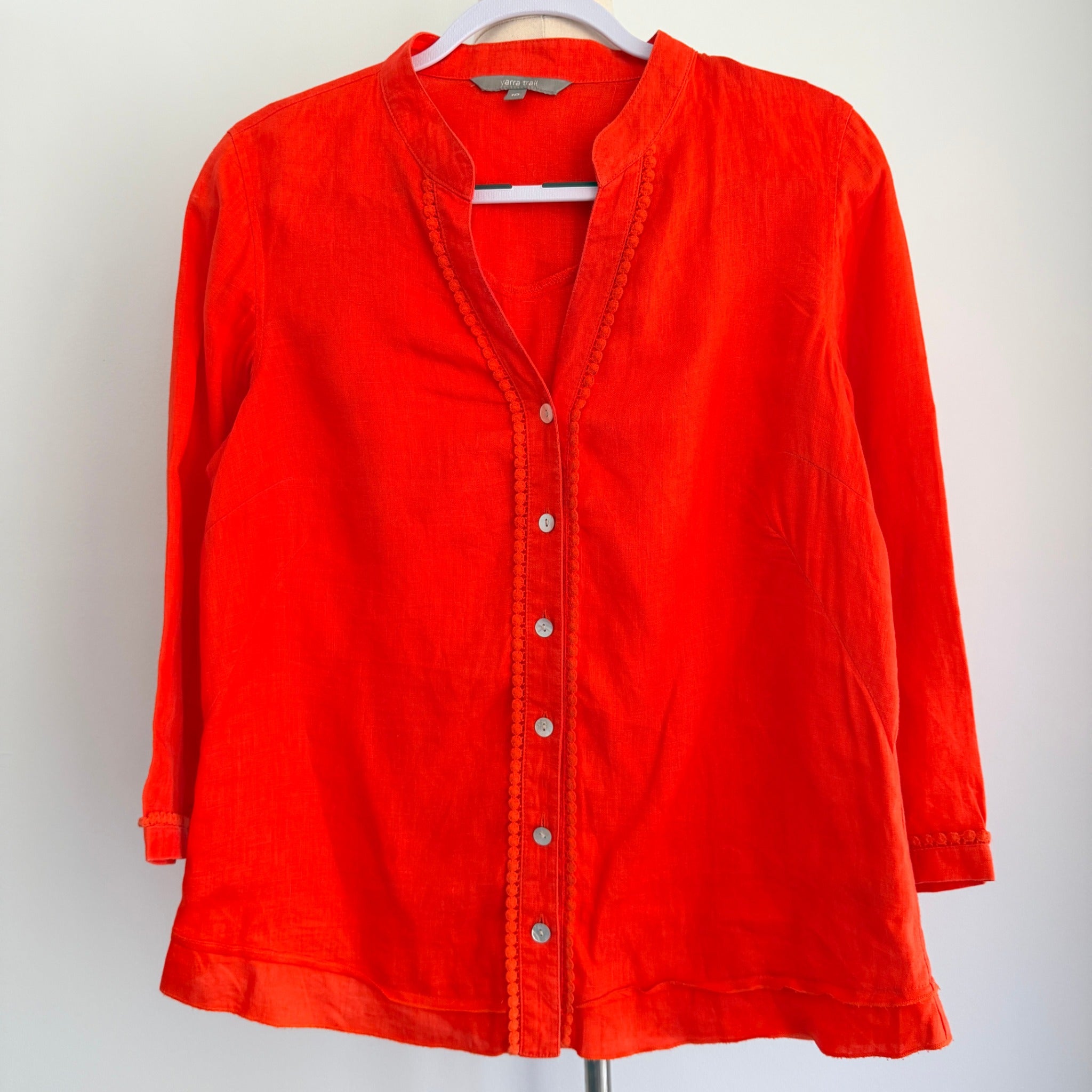 Yarra Trail Orange 100% Linen Button Up Shirt Size 10 Crochet Trim Casual - Image 1