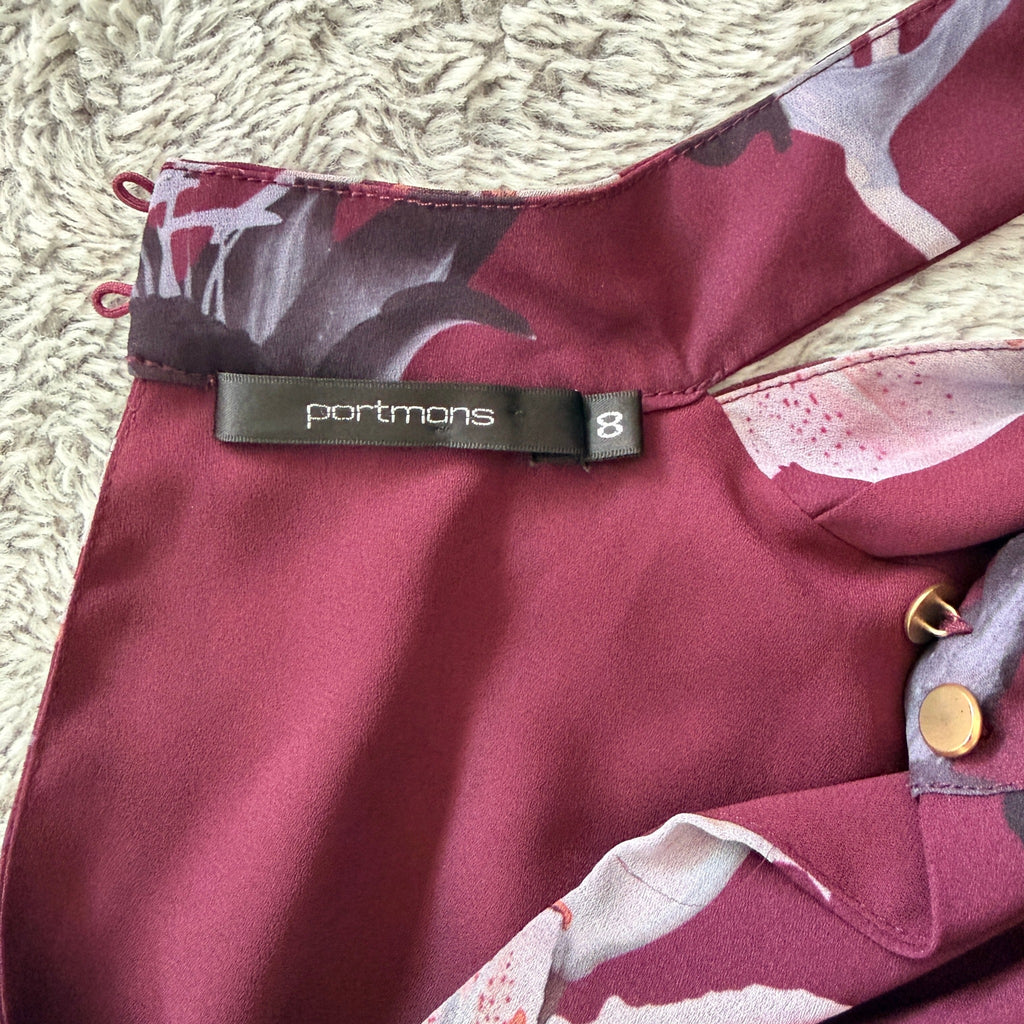 Portmans Floral Wrap Dress Burgundy Size 8 Elegant Long Sleeve - Image 5