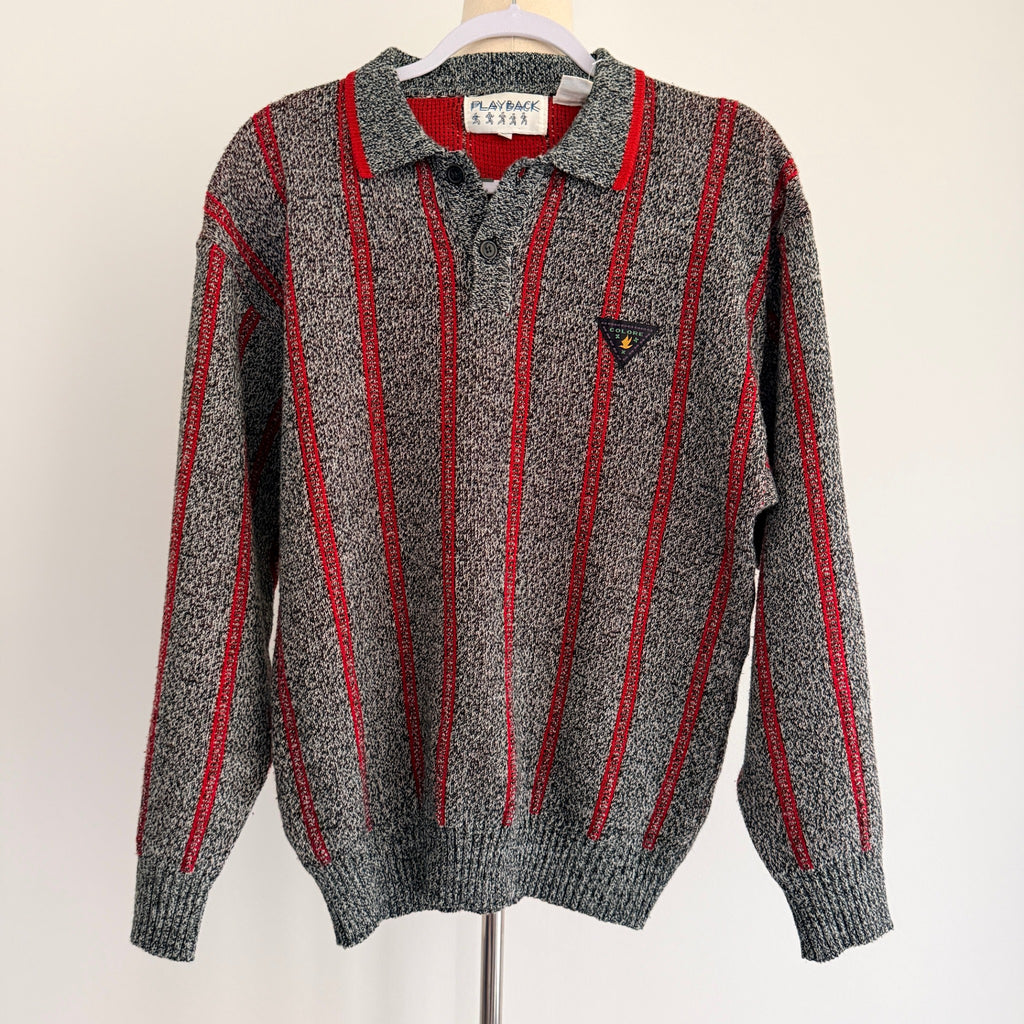 Playback Grey Red Acrylic Striped Knit Polo Sweater Sz M Vintage 90s Casual - Image 1