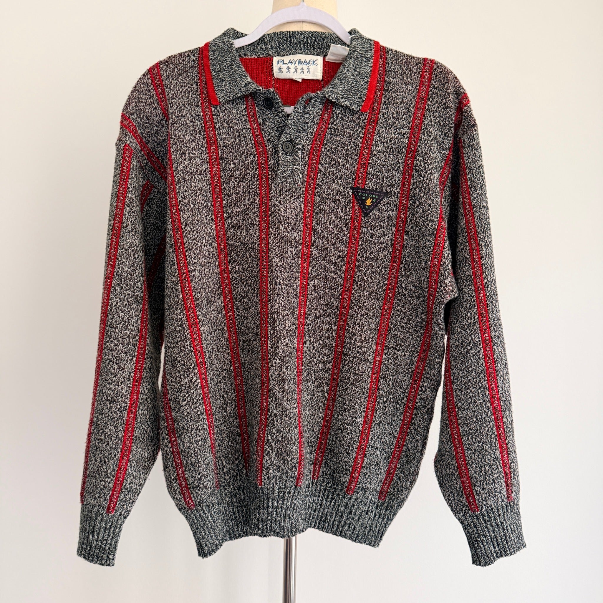Playback Grey Red Acrylic Striped Knit Polo Sweater Sz M Vintage 90s Casual - Image 1
