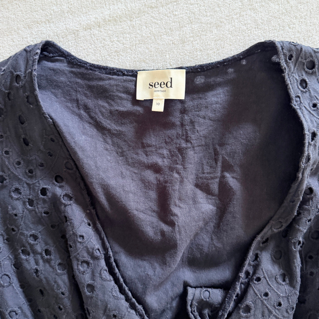 Seed Heritage Black Cotton Eyelet Playsuit Sz 10 Tie-Front Bell Sleeve Summer - Image 6