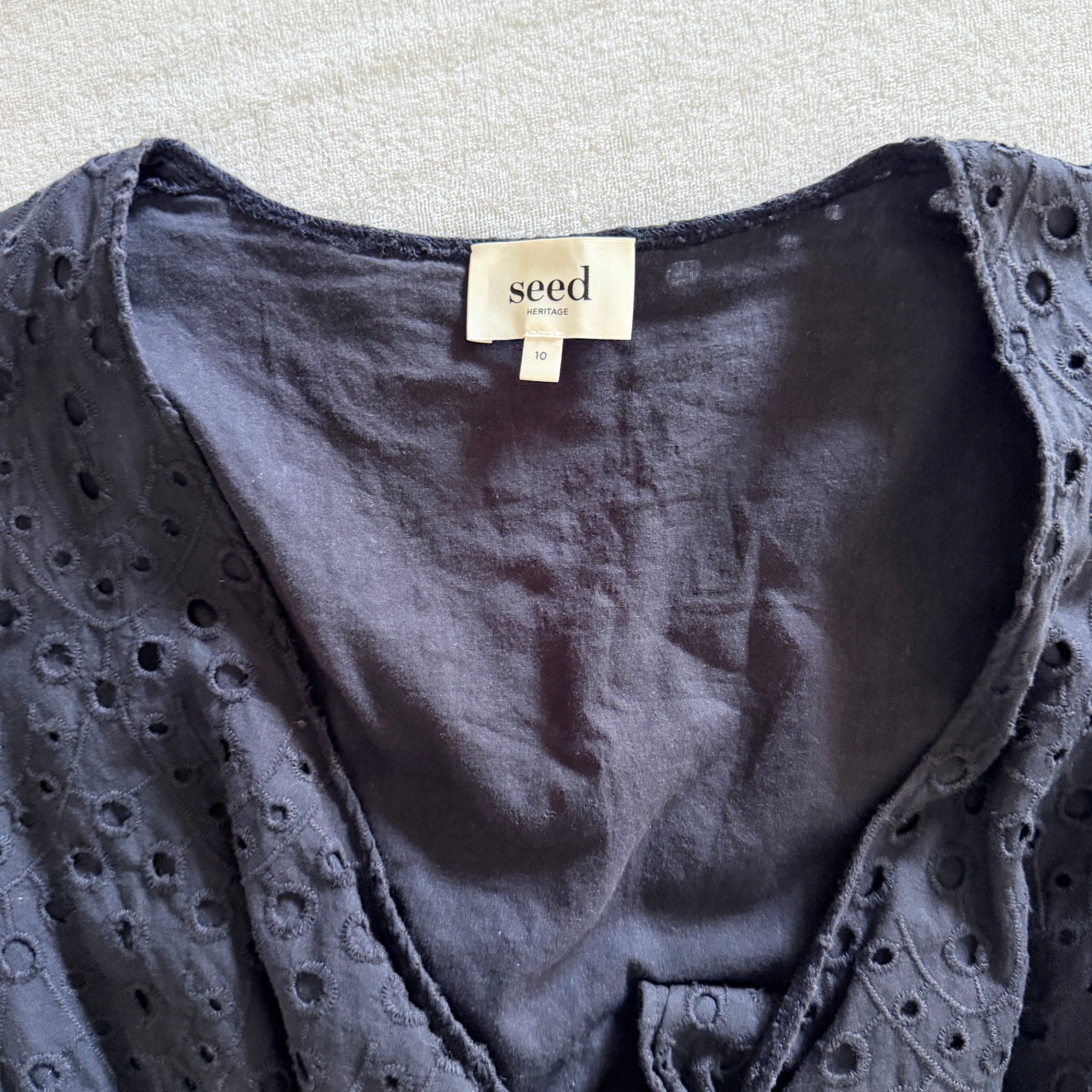 Seed Heritage Black Cotton Eyelet Playsuit Sz 10 Tie-Front Bell Sleeve Summer - Image 6