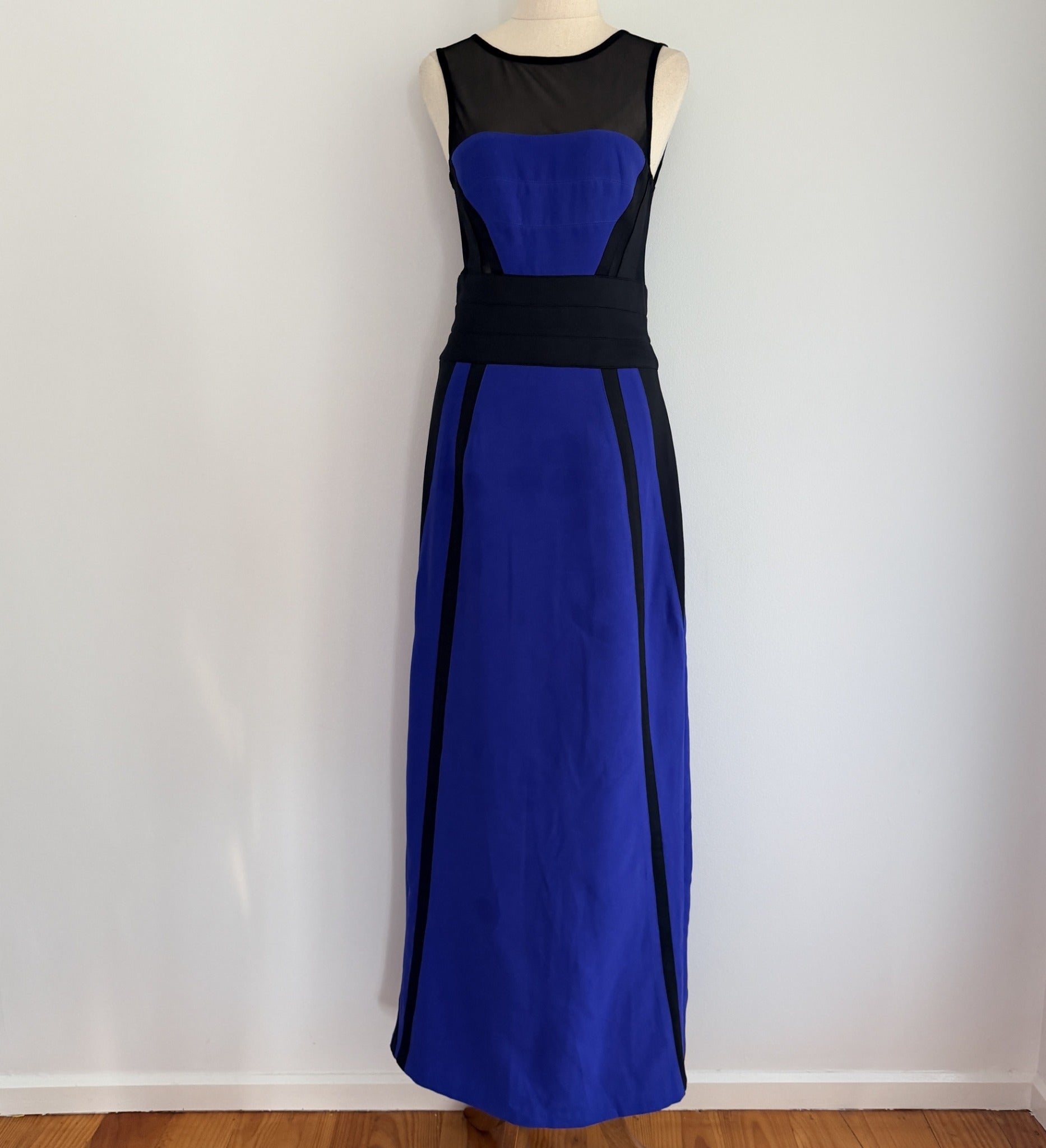 Bariano Australia Blue Black Polyester Mesh Colorblock Maxi Gown Sz 8 Formal - Image 1