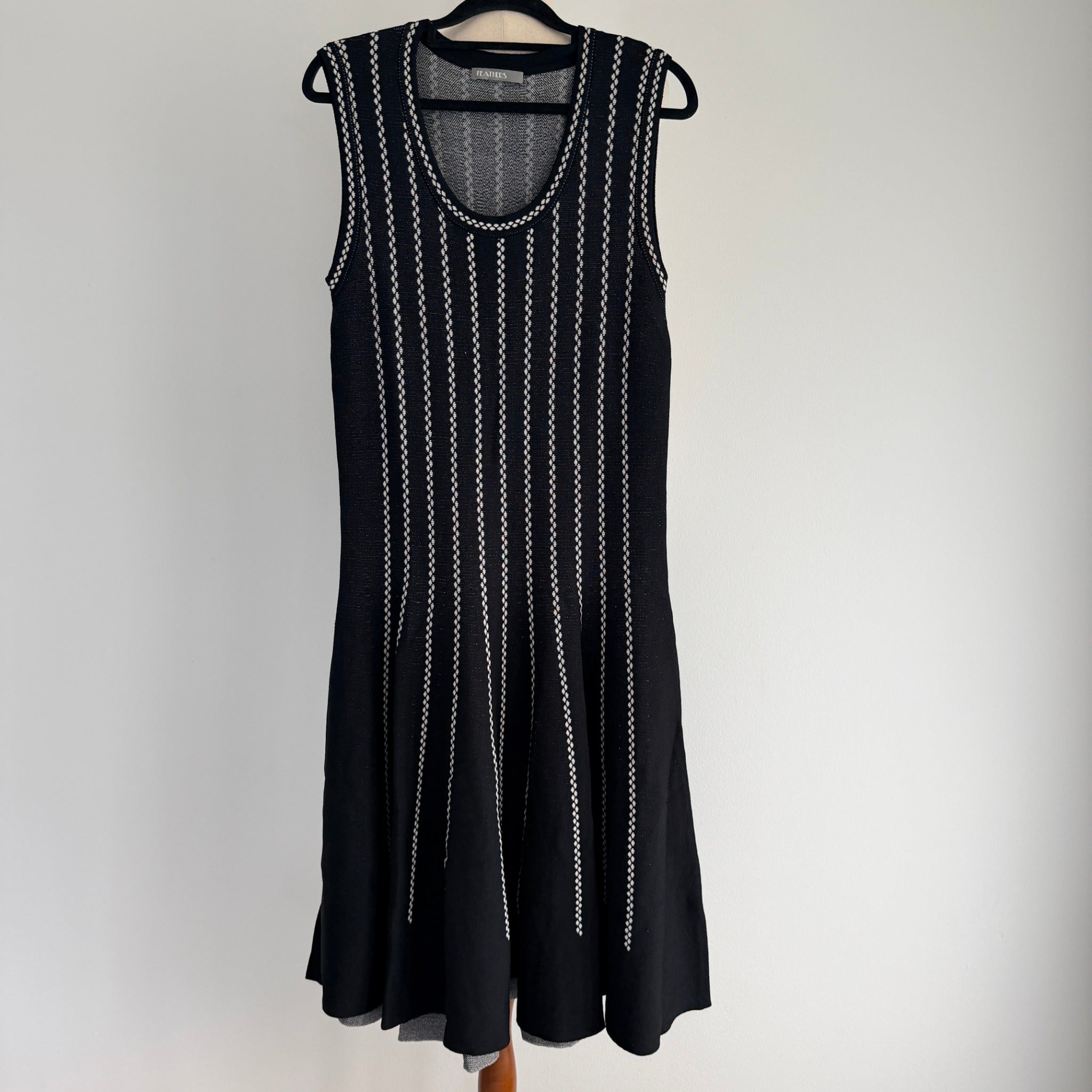 Feathers Womens Black White Striped Knit Sleeveless Fit Flare Dress Size L - Image 1