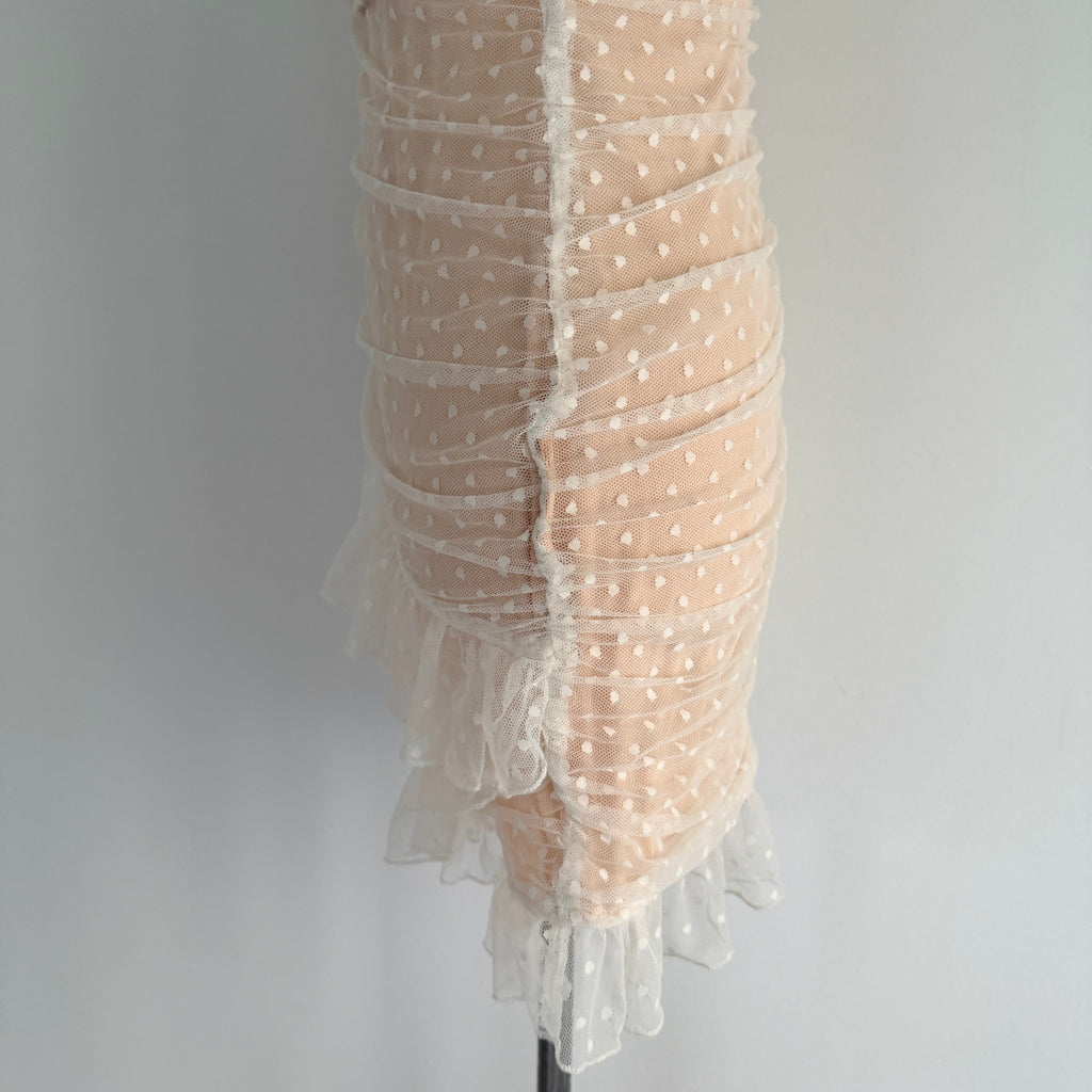MDS Collections White Nude Mesh Swiss Dot Ruffle Mini Dress Size S Party - Image 11