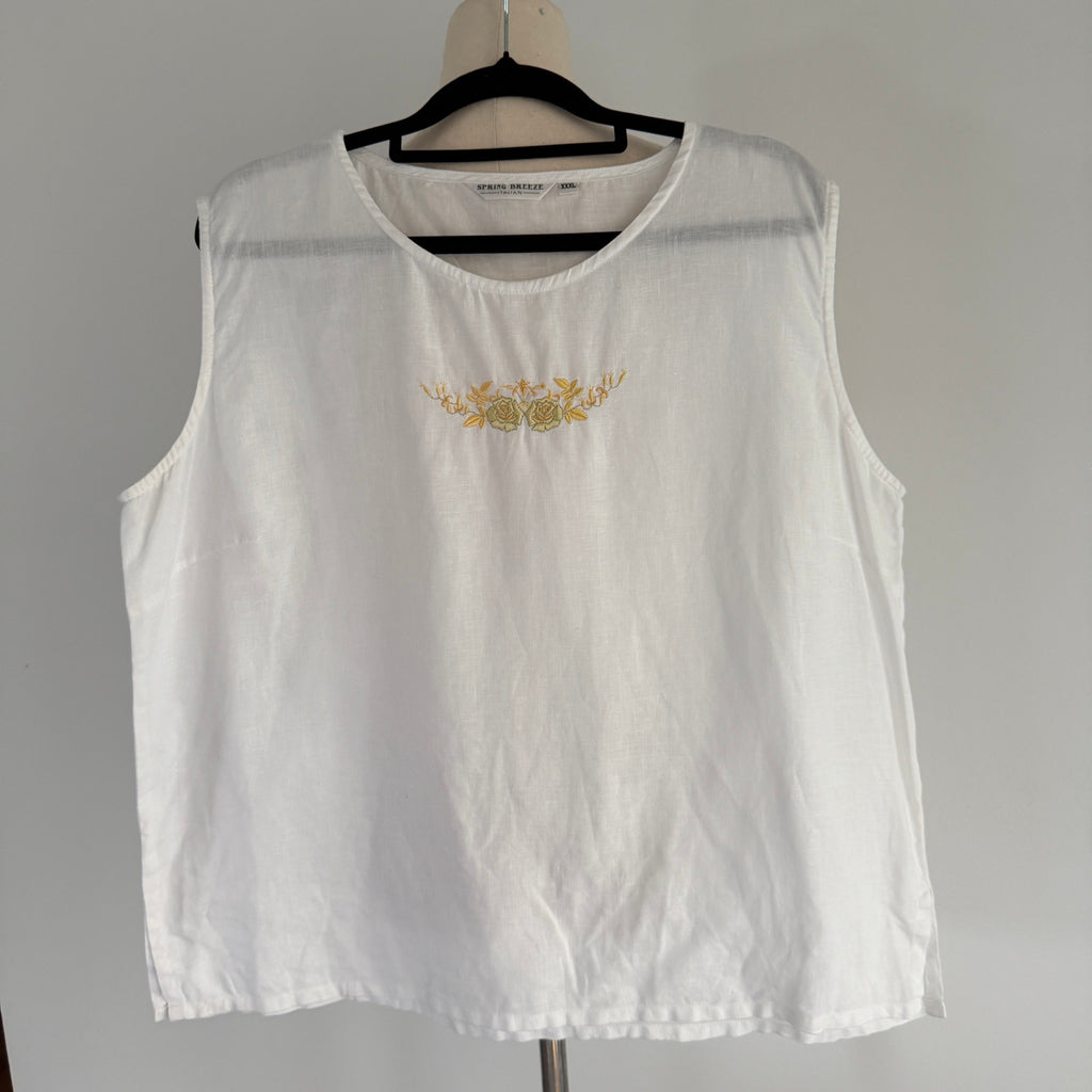 Spring Breeze White Linen Sleeveless Top Sz XXXL Floral Embroidered Summer - Image 1