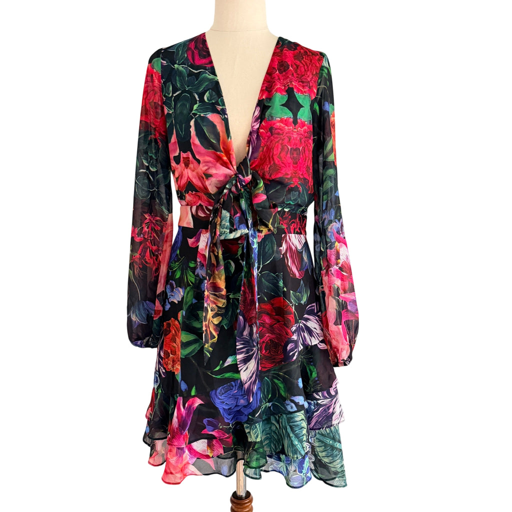 Sheike Floral Print Tie-Front Long Sleeve Mini Dress Size 8 - Image 1