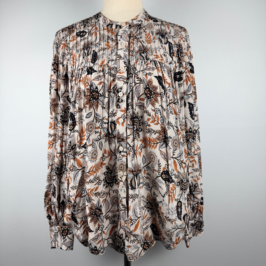 Witchery Beige Floral Print Viscose Blouse Size 6 Button Down Long Sleeve Boho - Image 1
