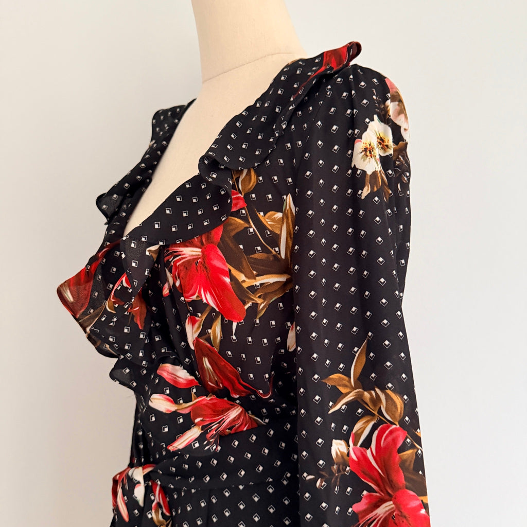 Sheike Black Floral Polka Dot Ruffle Wrap Dress Size 8 - Image 17