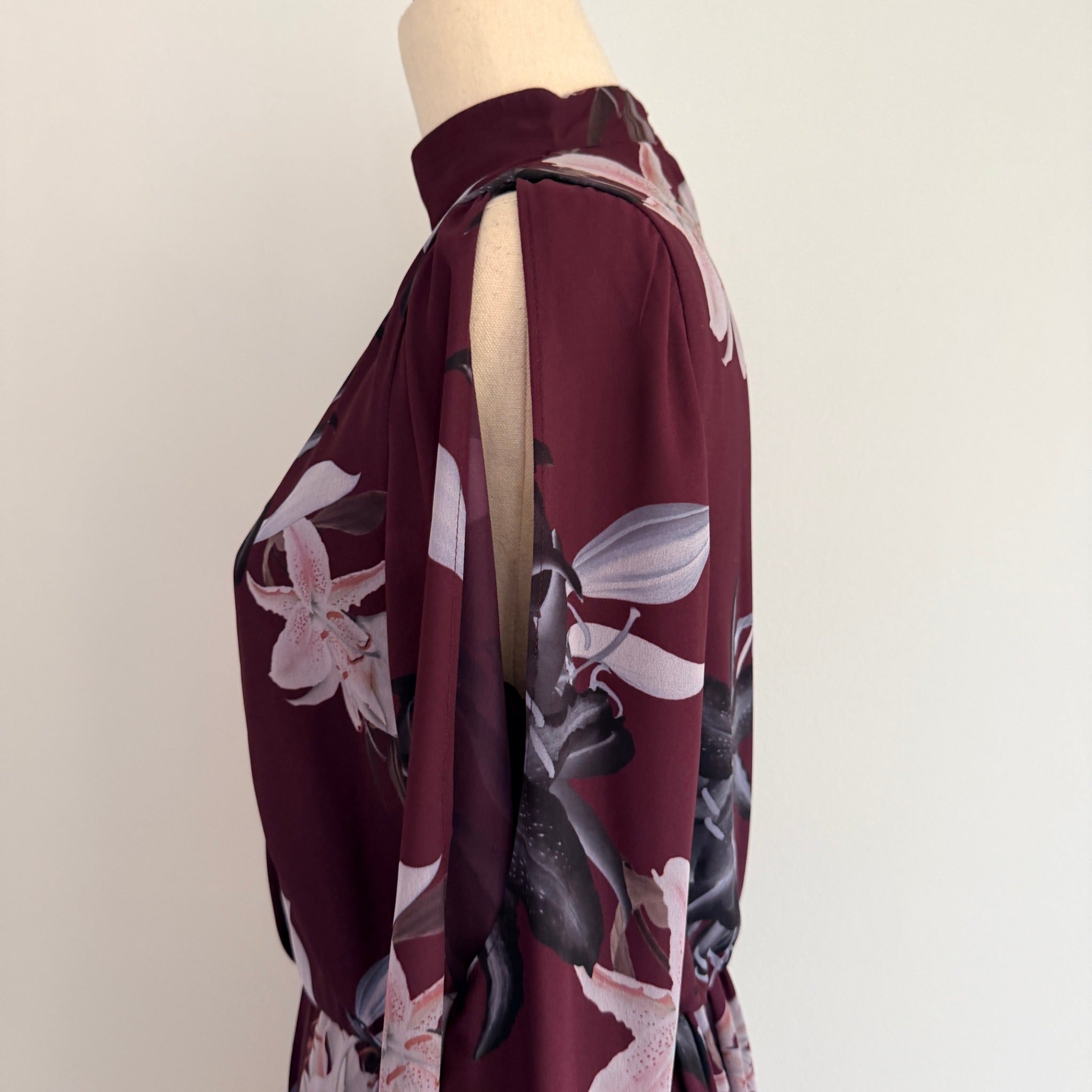Portmans Floral Wrap Dress Burgundy Size 8 Elegant Long Sleeve - Image 14