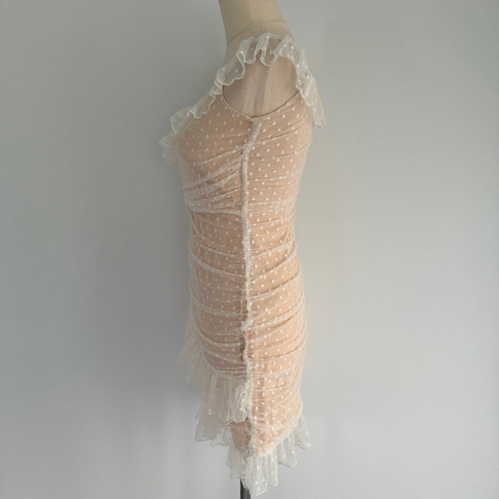 MDS Collections White Nude Mesh Swiss Dot Ruffle Mini Dress Size S Party - Image 10