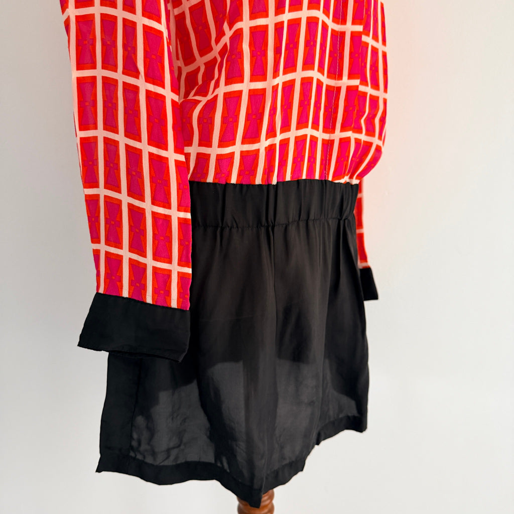 Orange Black Silk Geometric Print Shirt Dress Size S Boho Casual - Image 14
