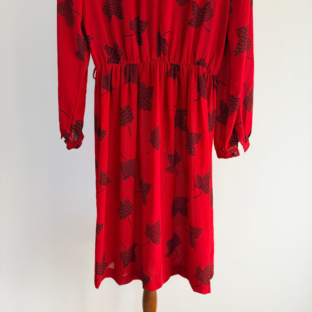 Maxine Vintage Red Black Leaf Print Polyester Pussy Bow Midi Dress Sz 14 Retro - Image 12