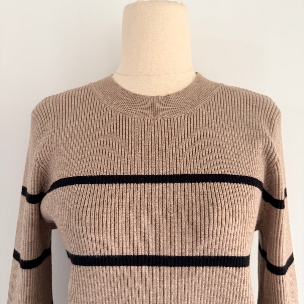 Feather + Noise Beige Stripe Ribbed Knit Jumper Sweater S/M Viscose Casual - Image 3