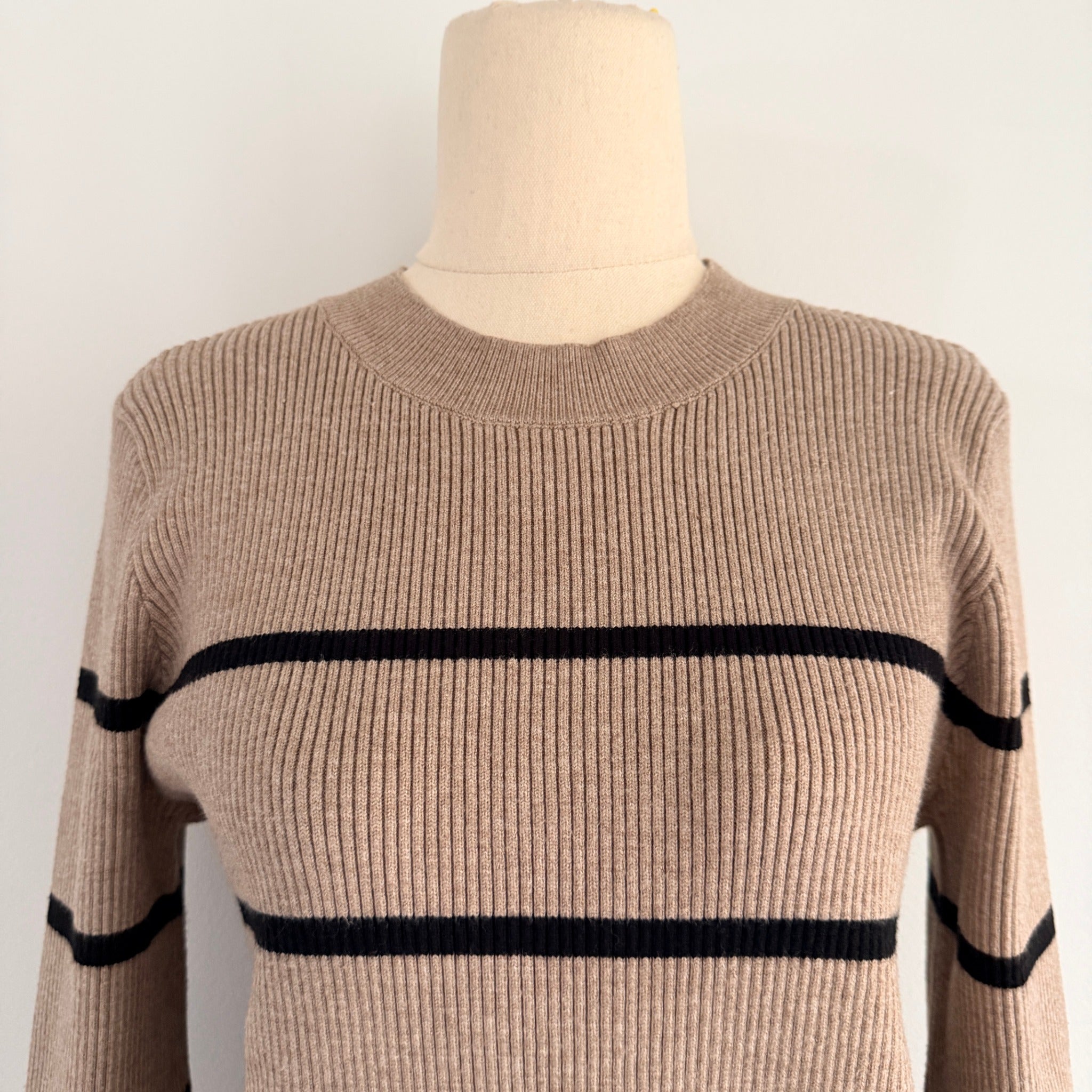 Feather + Noise Beige Stripe Ribbed Knit Jumper Sweater S/M Viscose Casual - Image 3