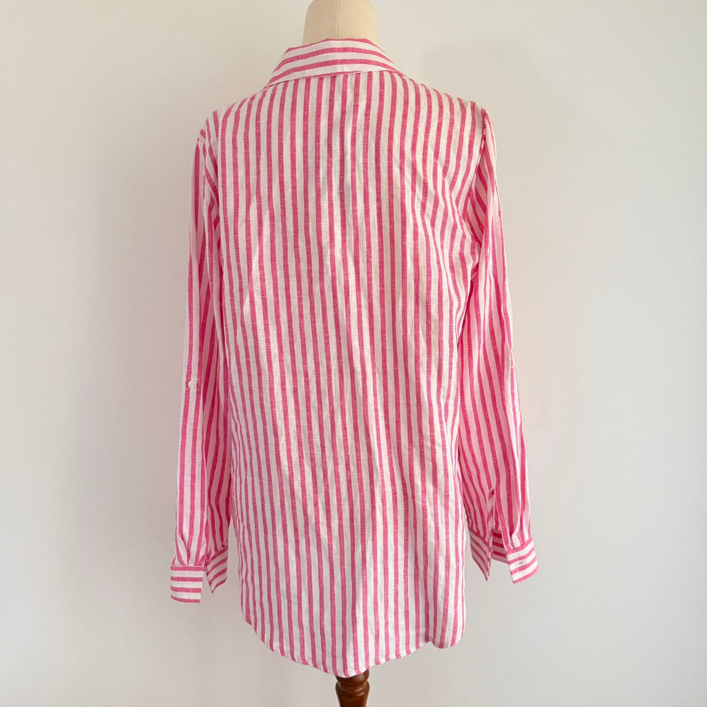 Regatta Sz 12 Red White Mixed Stripe Linen Cotton Button-Up Shirt Casual Resort - Image 2