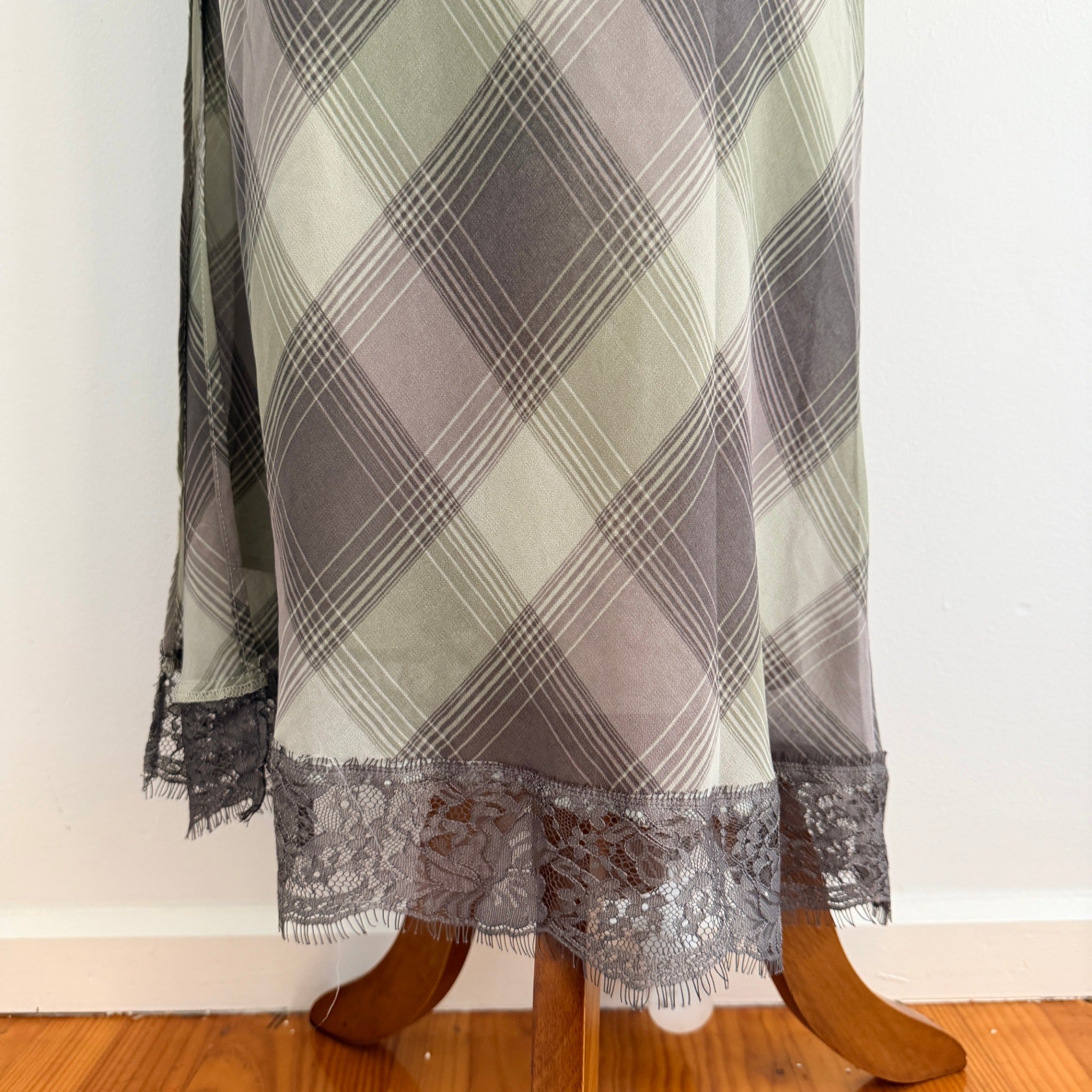 Glassons Khaki Charcoal Check Slip Dress Lace Trim Maxi Size 14 Evening BNWT - Image 5