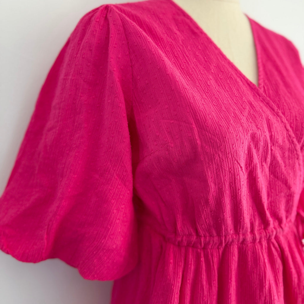 YAS Womens Wrap Dress Size XS Pink Cotton Puff Sleeve Tie Waist Summer - Image 9