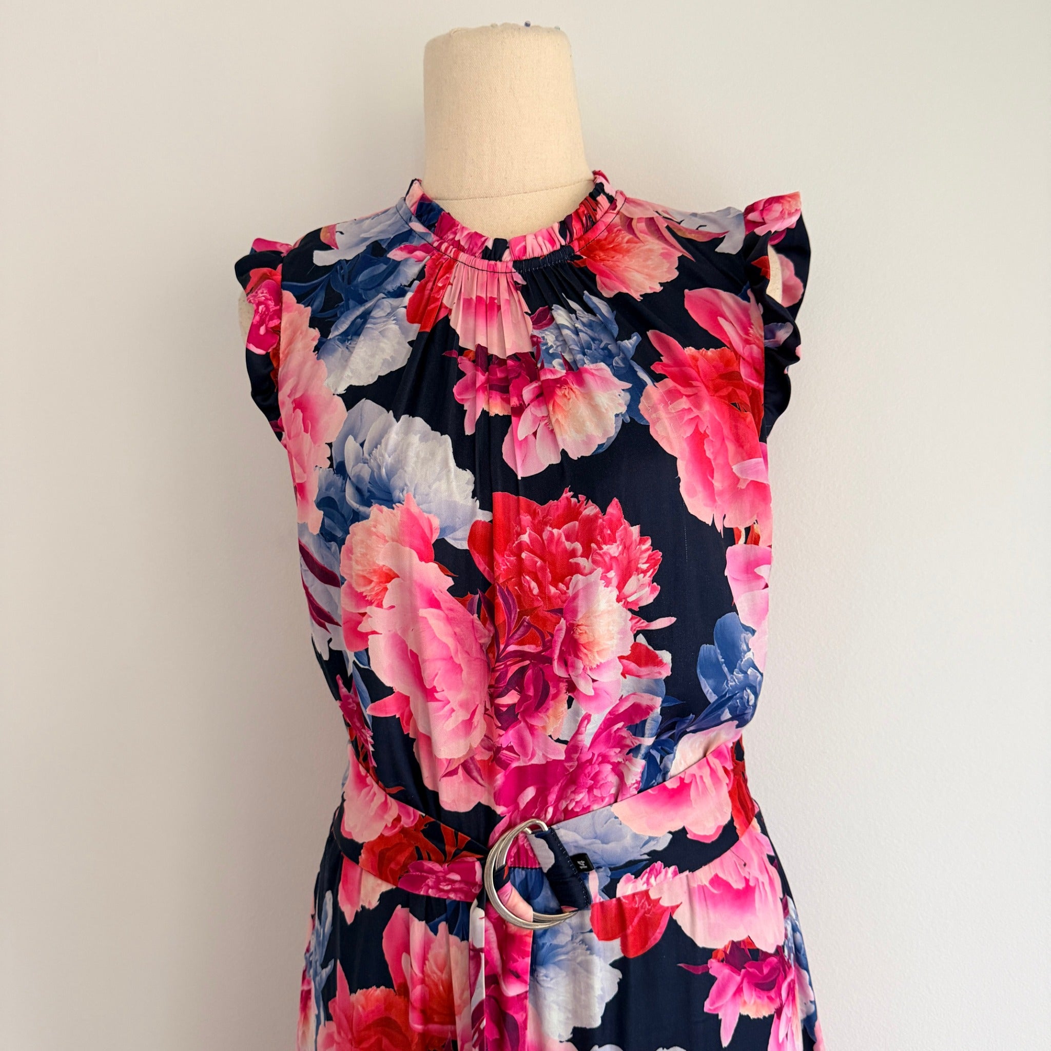 Portmans Floral Maxi Dress Navy Pink Tiered Sleeveless With Belt Sz 14 Casual - Image 3