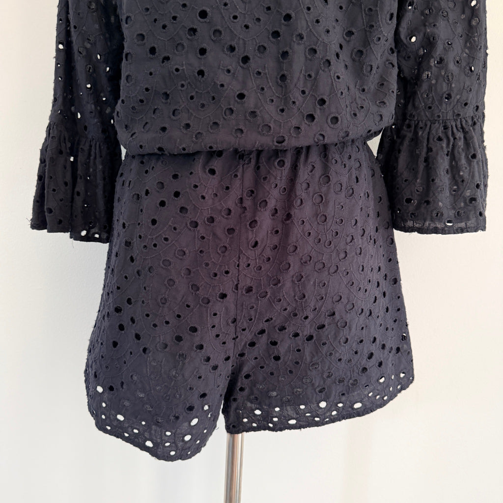 Seed Heritage Black Cotton Eyelet Playsuit Sz 10 Tie-Front Bell Sleeve Summer - Image 16