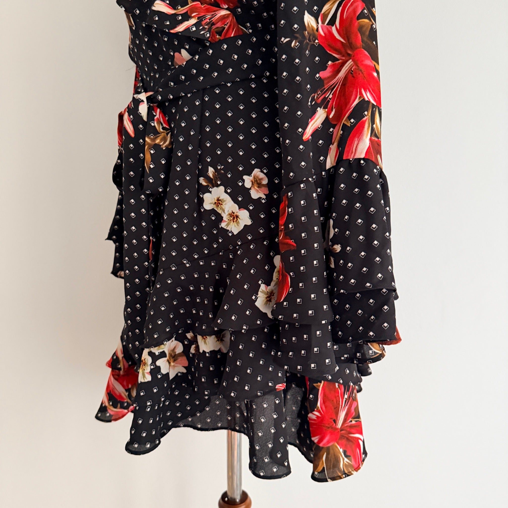 Sheike Black Floral Polka Dot Ruffle Wrap Dress Size 8 - Image 18