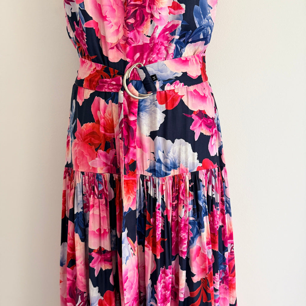 Portmans Floral Maxi Dress Navy Pink Tiered Sleeveless With Belt Sz 14 Casual - Image 14