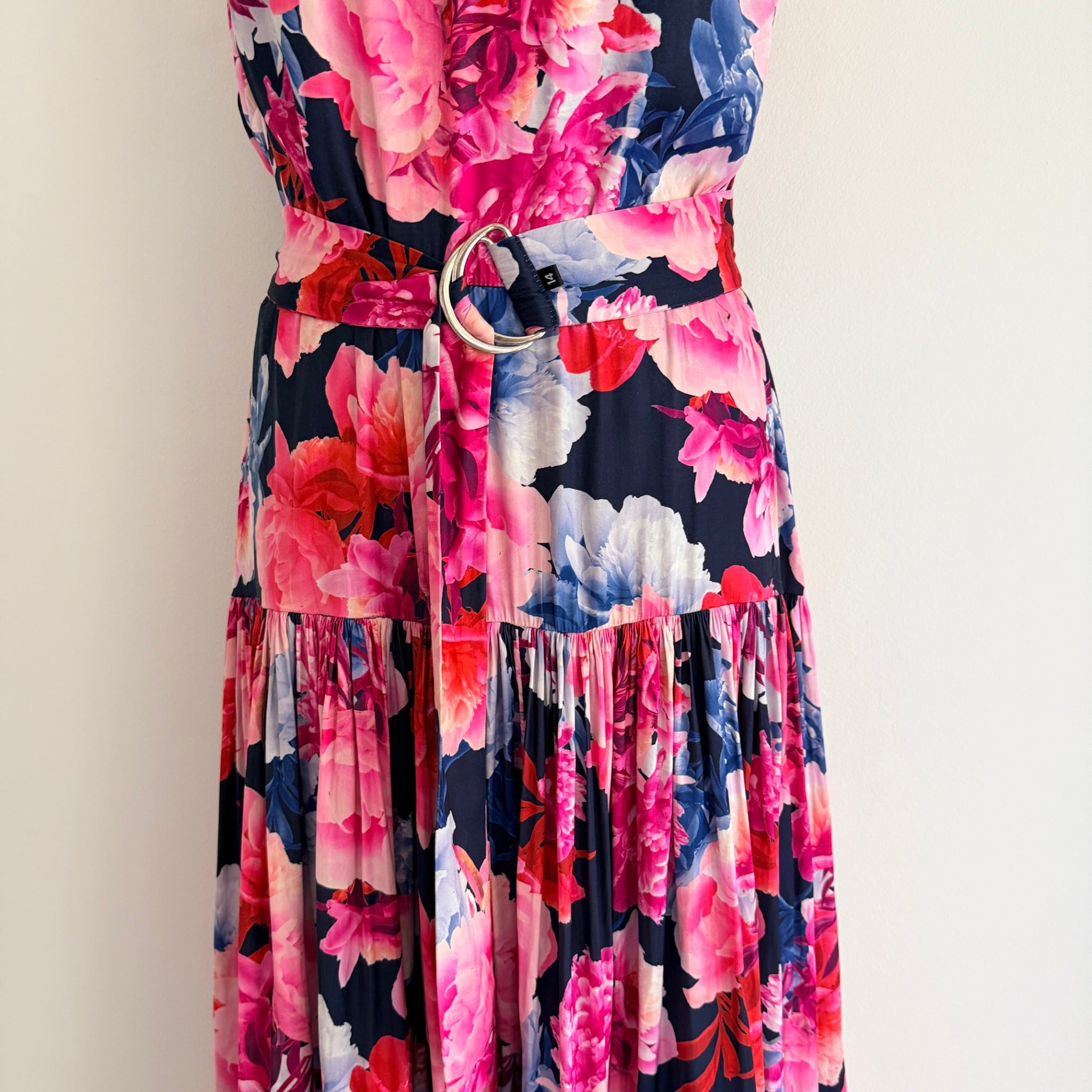 Portmans Floral Maxi Dress Navy Pink Tiered Sleeveless With Belt Sz 14 Casual - Image 14