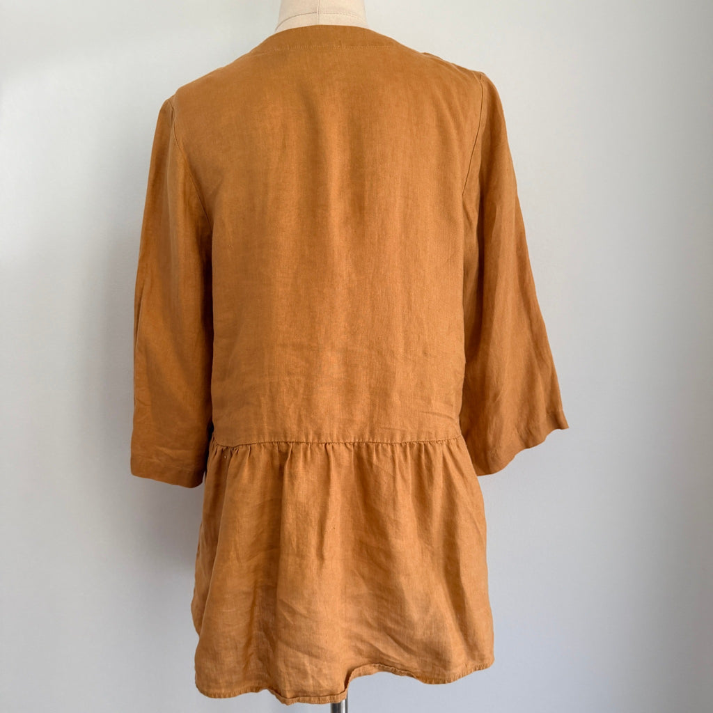 Sussan Linen Tunic Top Ochre V-Neck Button-Down Size 6 Relaxed Summer Casual - Image 2
