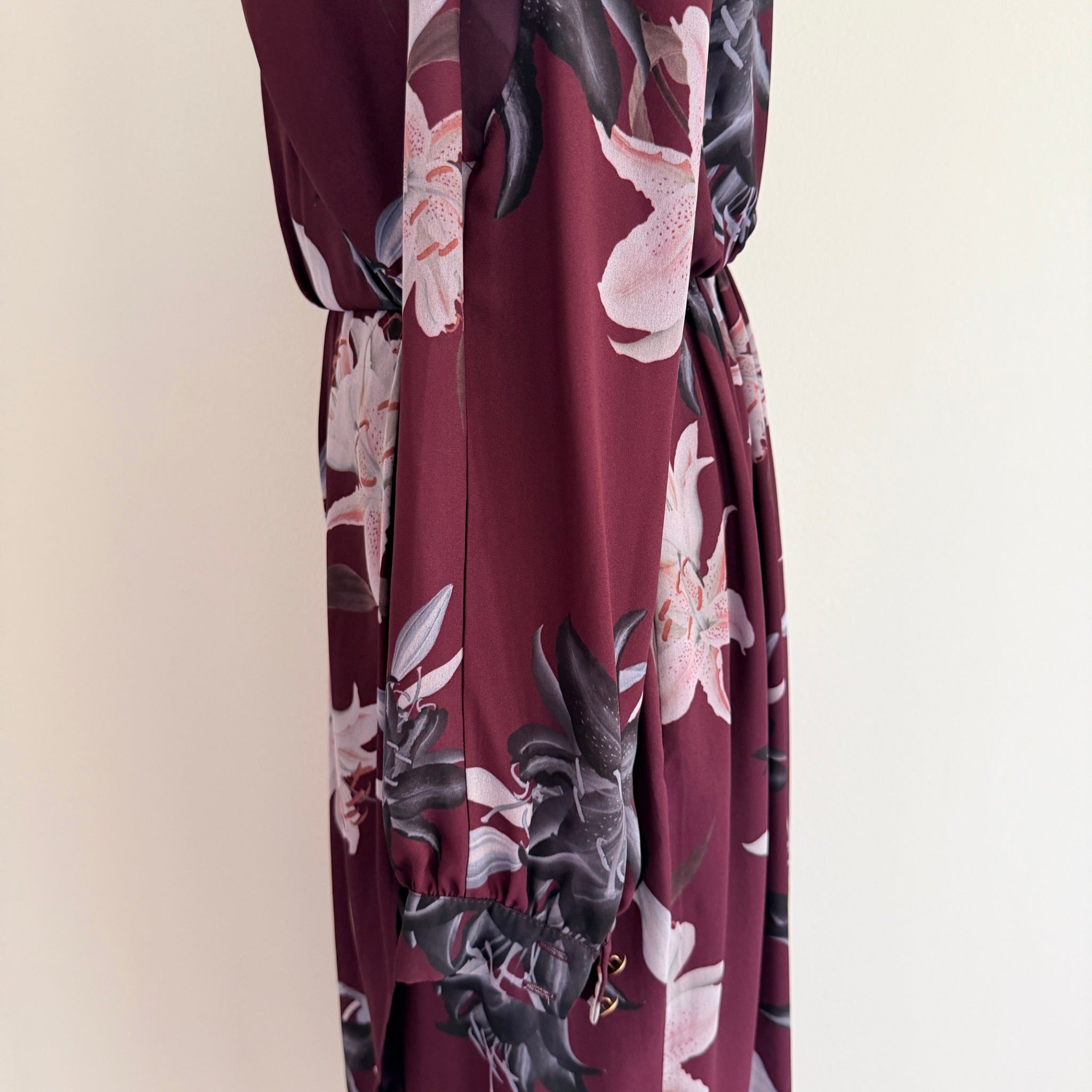 Portmans Floral Wrap Dress Burgundy Size 8 Elegant Long Sleeve - Image 16