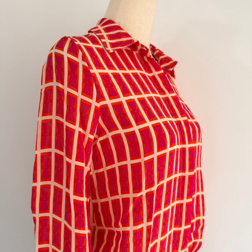 Orange Black Silk Geometric Print Shirt Dress Size S Boho Casual - Image 12