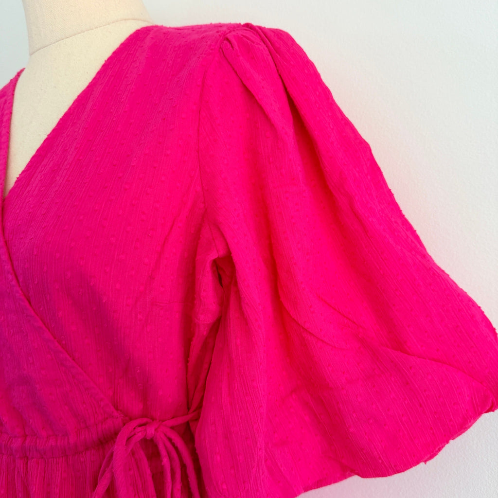 YAS Womens Wrap Dress Size XS Pink Cotton Puff Sleeve Tie Waist Summer - Image 11