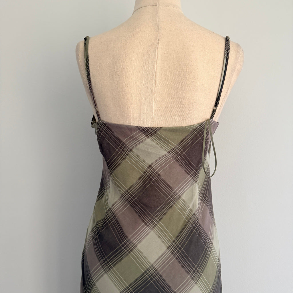 Glassons Khaki Charcoal Check Slip Dress Lace Trim Maxi Size 14 Evening BNWT - Image 4