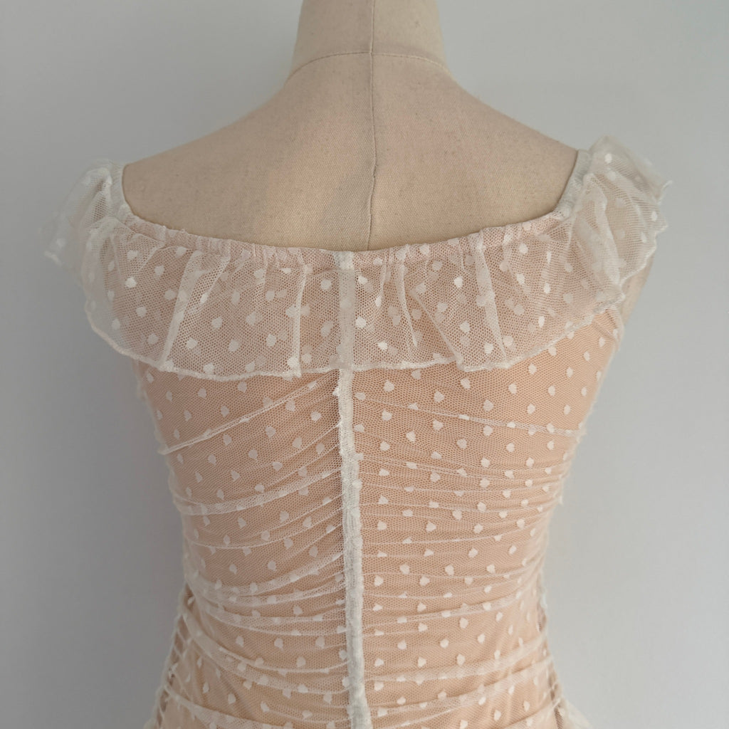 MDS Collections White Nude Mesh Swiss Dot Ruffle Mini Dress Size S Party - Image 4
