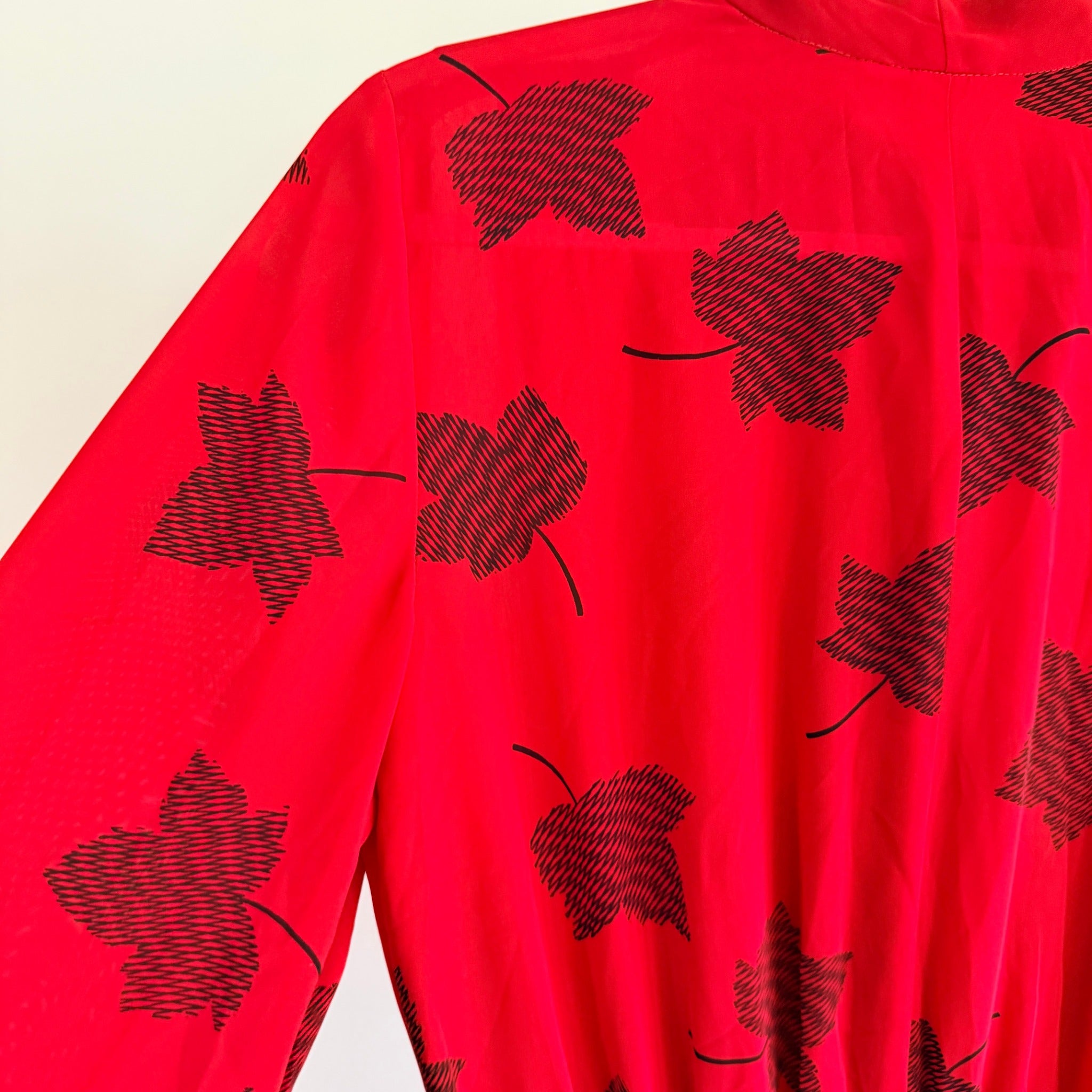 Maxine Vintage Red Black Leaf Print Polyester Pussy Bow Midi Dress Sz 14 Retro - Image 13