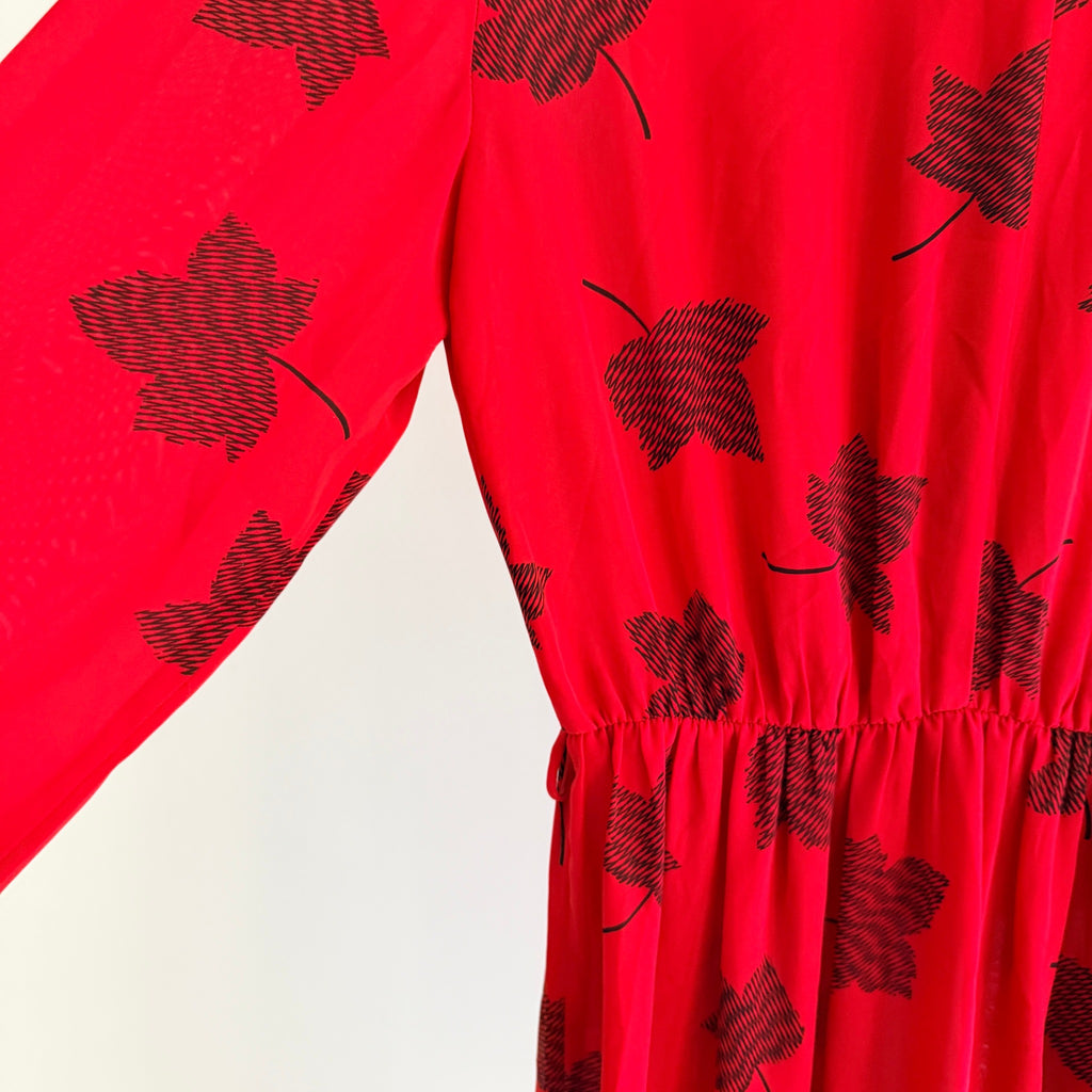 Maxine Vintage Red Black Leaf Print Polyester Pussy Bow Midi Dress Sz 14 Retro - Image 14