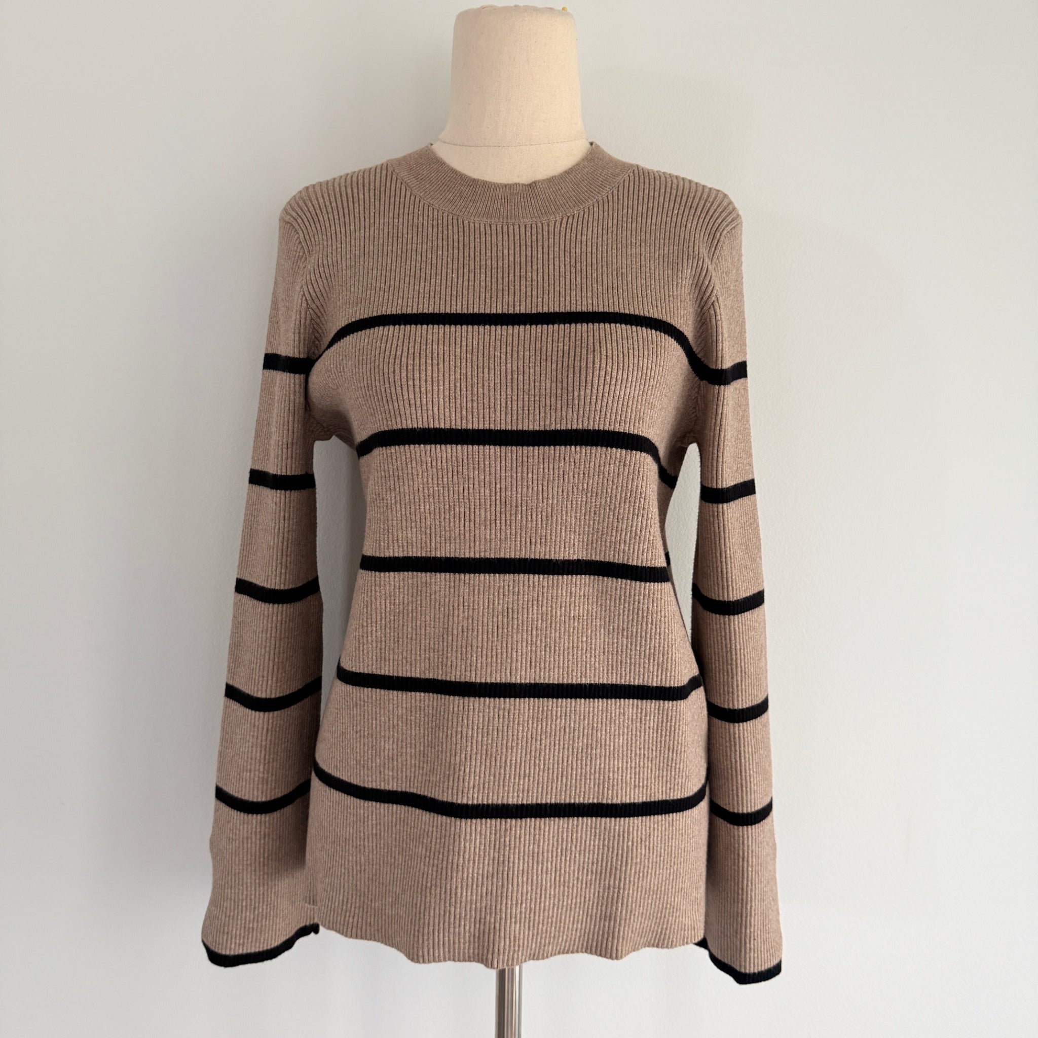 Feather + Noise Beige Stripe Ribbed Knit Jumper Sweater S/M Viscose Casual - Image 1
