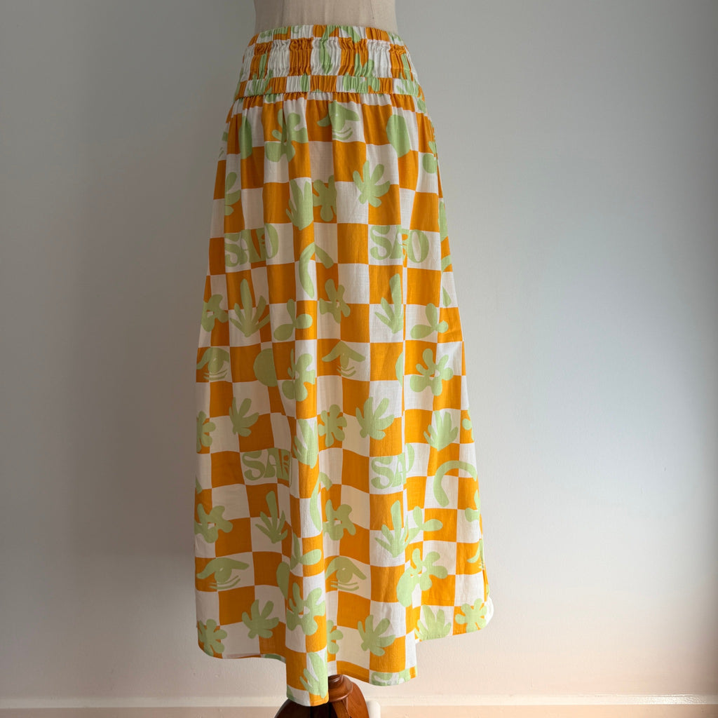 Sabo Orange And White Checkered Leaf Print Maxi Skirt - Image 1