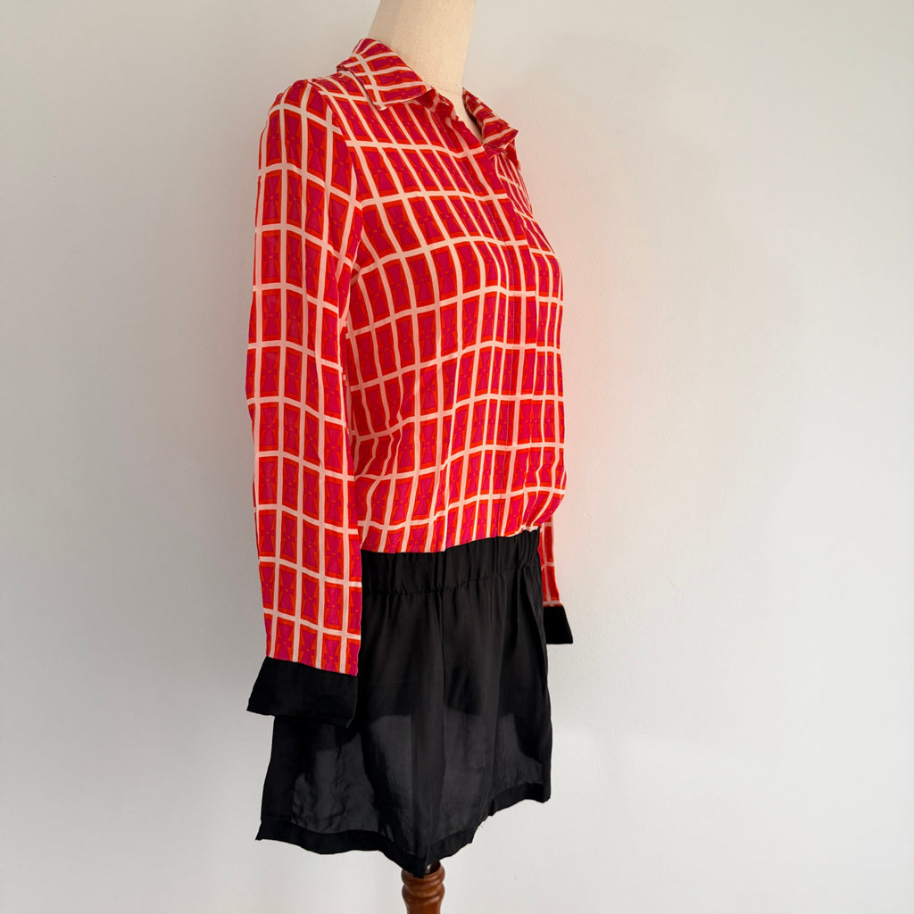 Orange Black Silk Geometric Print Shirt Dress Size S Boho Casual - Image 10