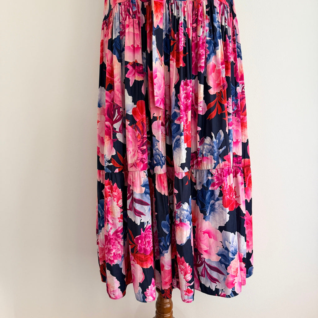 Portmans Floral Maxi Dress Navy Pink Tiered Sleeveless With Belt Sz 14 Casual - Image 15